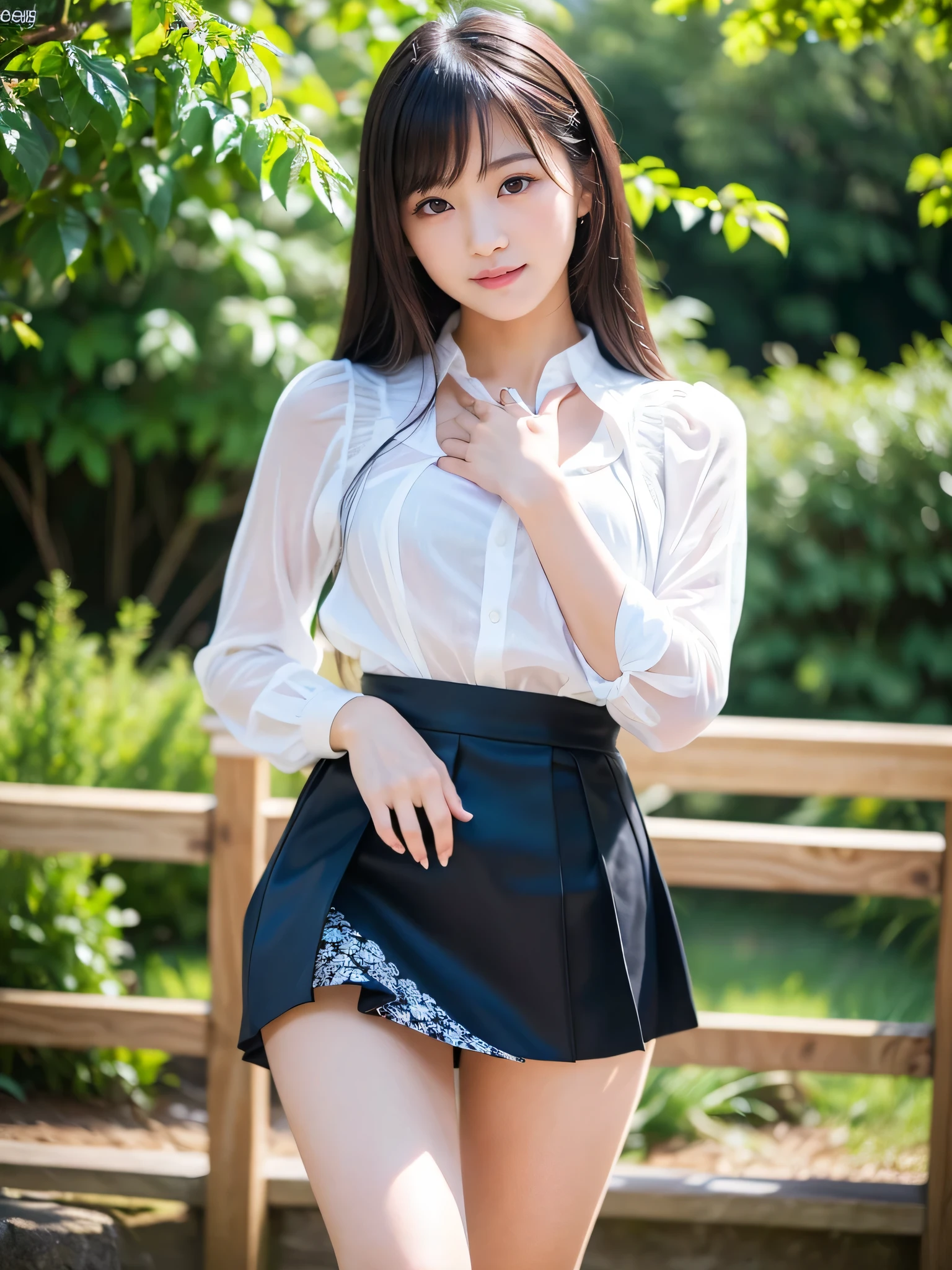 ((Best of the highest quality, 8k, Masterpiece: 1.3, raw photo)), Sharp focus: 1.2, (1 AESPA girl: 1.1), (Solo: 1.18), (realistic, photo-realistic:1.37), face focus, cute face, finely eyes, (Small breasts, flat chest, Thigh: 1.3), (business suit skirt: 1.2), short messy hair, updo, (Roll up the skirt: 1.2), (Lift skirt hem), (Lifting skirt while standing to show off under hair to us: 1.4), garden, flower,