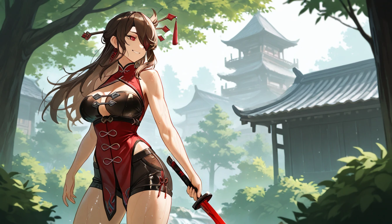 realistic, 1girl, high quality fingers, normal hands, detailed fingers, masterpiece, (realistic, photo-realistic: 1.37), realistic, 1girl, long hair:1.5, black hair:1.2, red eyes:1.5, bright eyes, mortal kombat, ninja, blood, scar, weapons, kimono, dress, mortal kombat costume, large breasts, fighting pose, serene look, temple, meditation, injuries, ninja mask, cover half of face,
