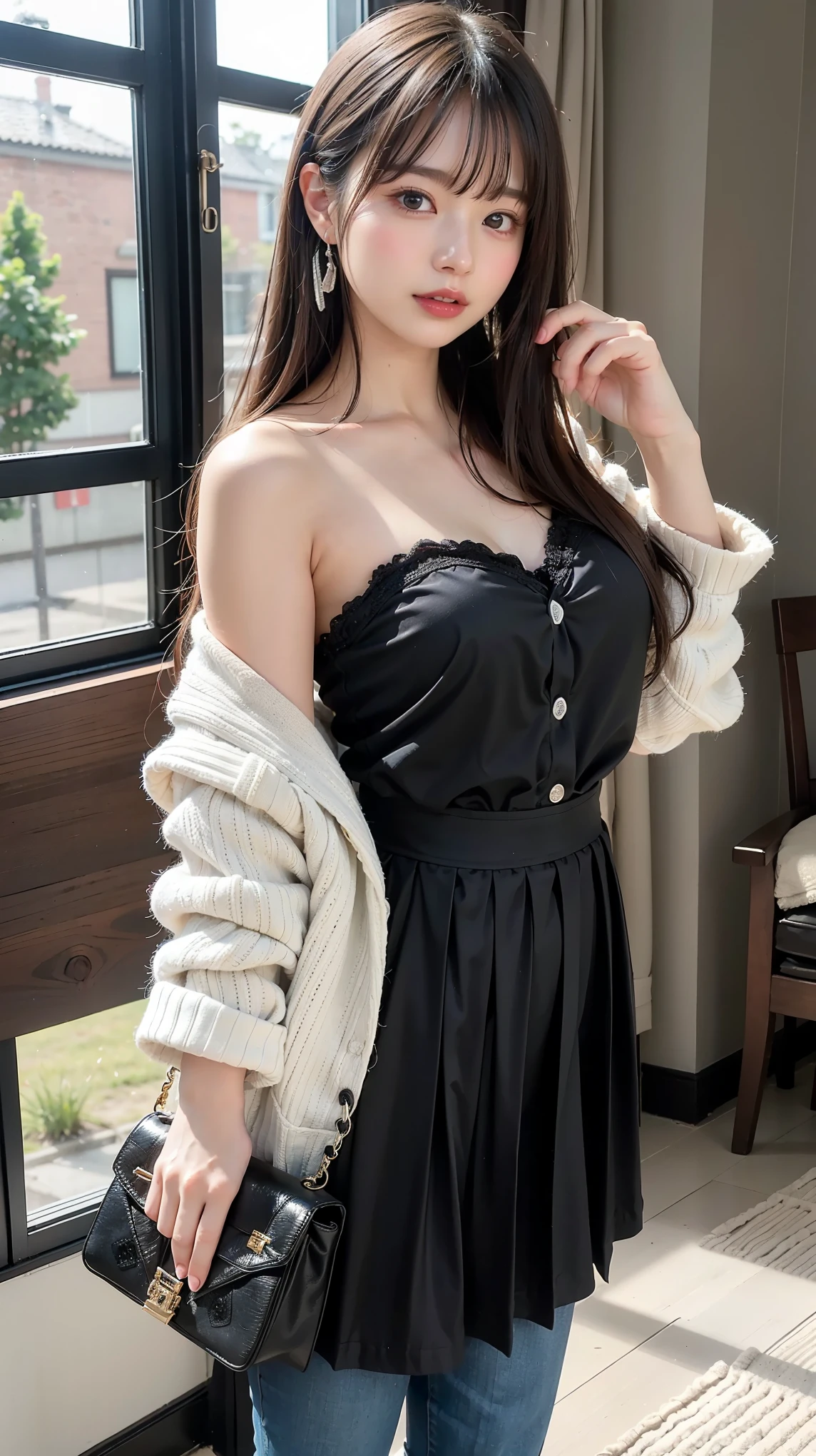 masterpiece, best quality, illustration, Super detailed, fine details, High resolution, 8K,wall paper, perfect dynamic composition,(Details High quality, realistic depiction of eyes:1.3), straight hair, Plumpy body, (huge breasts:1.1), (Ruffle white cotton off-shoulder top transparent lace), pleated skirt, black hair color, Big Natural Color Lip, hotel room, crying a little、 Harajuku style、20 year old girl、cute type、lolita, Gravure Idol, full body photo、focus on crotch