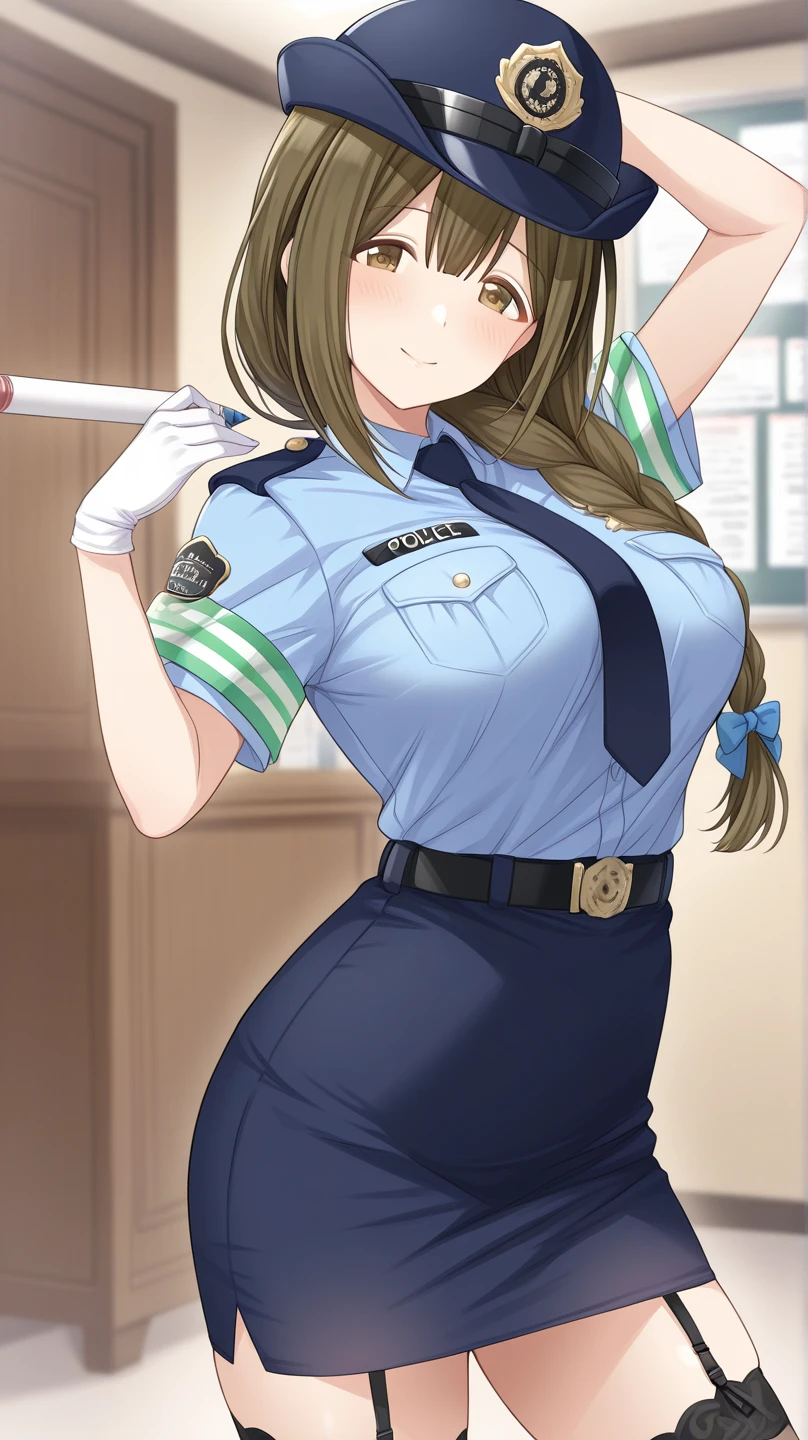 , (Spread your legs)、 (White panties), Female police officer, Blue Uniform、Mini Skirt Police、White shirt, sunny, Mature Woman, Anime Cel Style, Highest quality, High resolution, One Girl, (Large Breasts:1.2), Beautiful Face, Beautiful fingers, Beautiful long legs, Beautiful body, Beautiful Nose, Beautiful character design, blonde, bangs, blue eyes, Show Viewer, Cowboy Shot, blush、Embarrassed look、Nipples are visible、 、