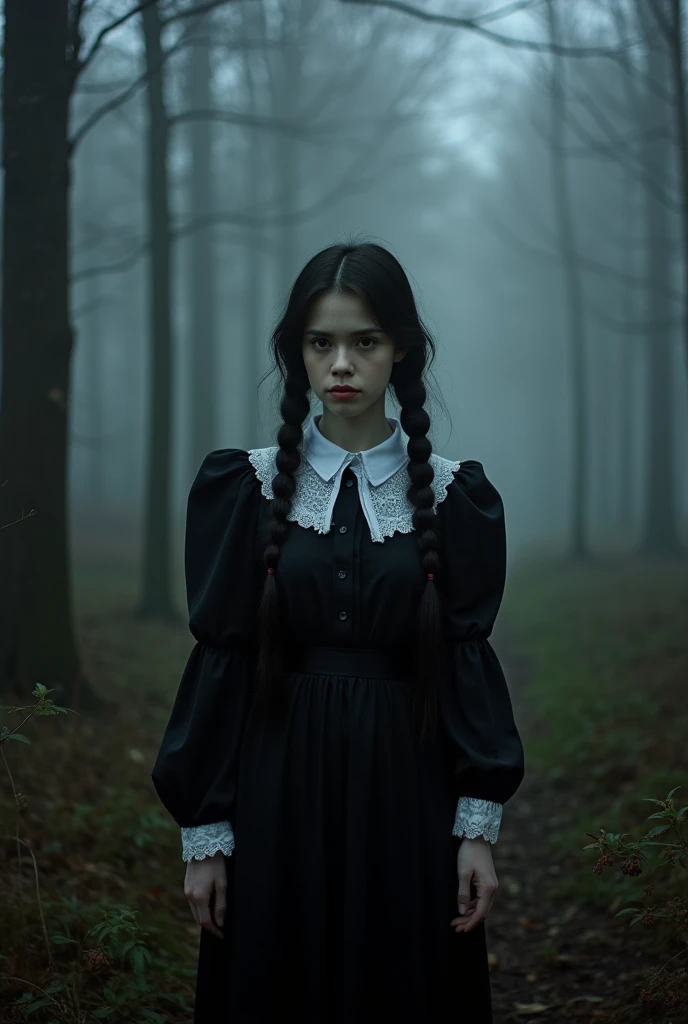 (Super detailed,ultra high resolution,detailed background)),ancient city,dark forest at night,spooky,Chill,Inspiration,1 girl,wearing a minidress、Wearing a white collared long-sleeved blouse、