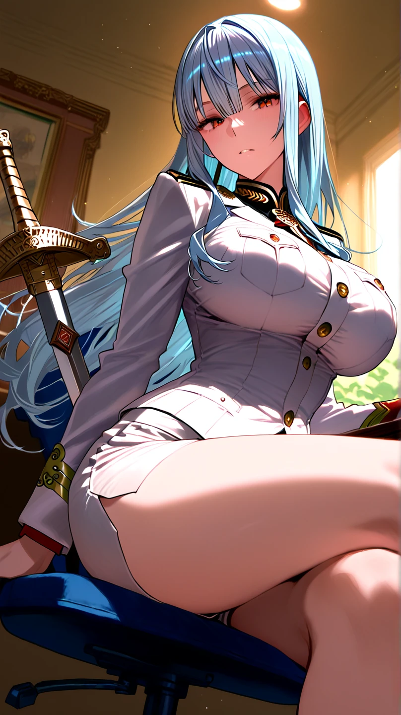 score_9, score_8_up, score_7_up, score_6_up, uncensored, tomoe, blue hair, parted bangs, ponytail, long hair, red eyes, red scarf, BREAK (masterpiece:1.2), best quality, high resolution, (beautiful detailed eyes:1.3), perfect lighting, (perfect hands, perfect anatomy), large breasts, sagging breasts, 1girl, breasts, solo, thigh strap, cleavage, looking at viewer, holding, bare shoulders, black footwear, food, kneeling, off shoulder, thighs, closed mouth, shorts, indoors, holding pipe, bokeh, wooden floor, spotlight, sweating,