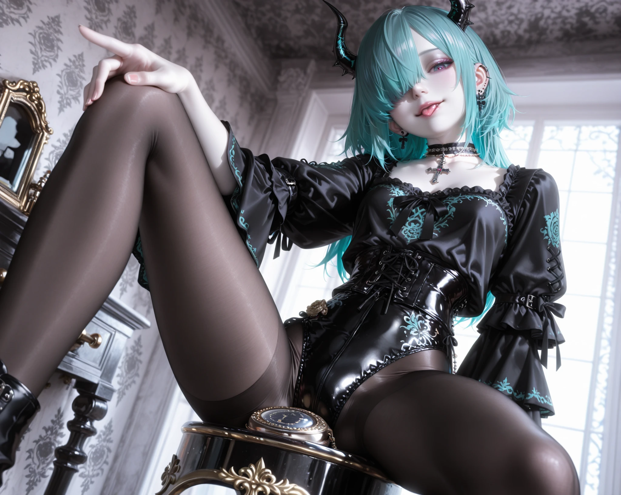 Ultra-modern tech robot girl about 10 years old，Wear lace underwear，fishnet stockings，Latex heels，Corsets，Lie on the delivery bed，Long hair，Cat ear hair card，ears of elf，nose hook，耳Nipple Ring，The girl was tied in chains，A black face，Bad laughs，perspire，Perverted，Colorful hair with demon wings, Pubic bone_Tattooed with, heart - shaped pupils，Bicolor pupils，seductiv --auto