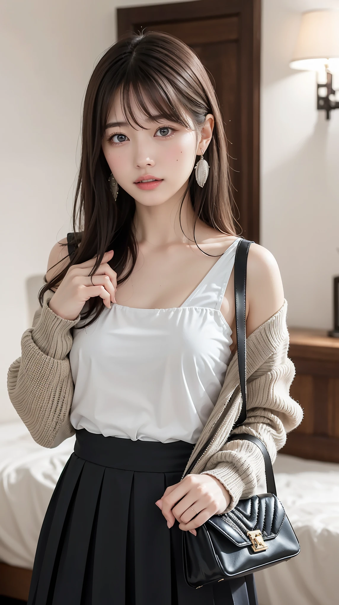 smile、night、Raw photo、(((ultimate beauty portrait)))、((glowing skin))、1 girl、15 year old beautiful girl from Prague、bright look、((brown hair))、(cleavage)、(White flared skirt)、((Big eyes that shine like jewels))、black open cardigan、open your clothes、pantyhose、Glossy and glossy skin、(long straight hair)、(silky ponytail hair)、(standing)、(from below)、under the skirt、(from below下着の接写)、eyeliner、beautiful bangs、hair between eyes、((masterpiece、最high quality、super detailed、film light、intricate details、High resolution、very detailed))、detailed background、8KUHD、Digital single-lens reflex camera、soft light、high quality、film grain、Fujifilm XT3 、shallow depth of field、natural soft light、Kamimei、rich bust