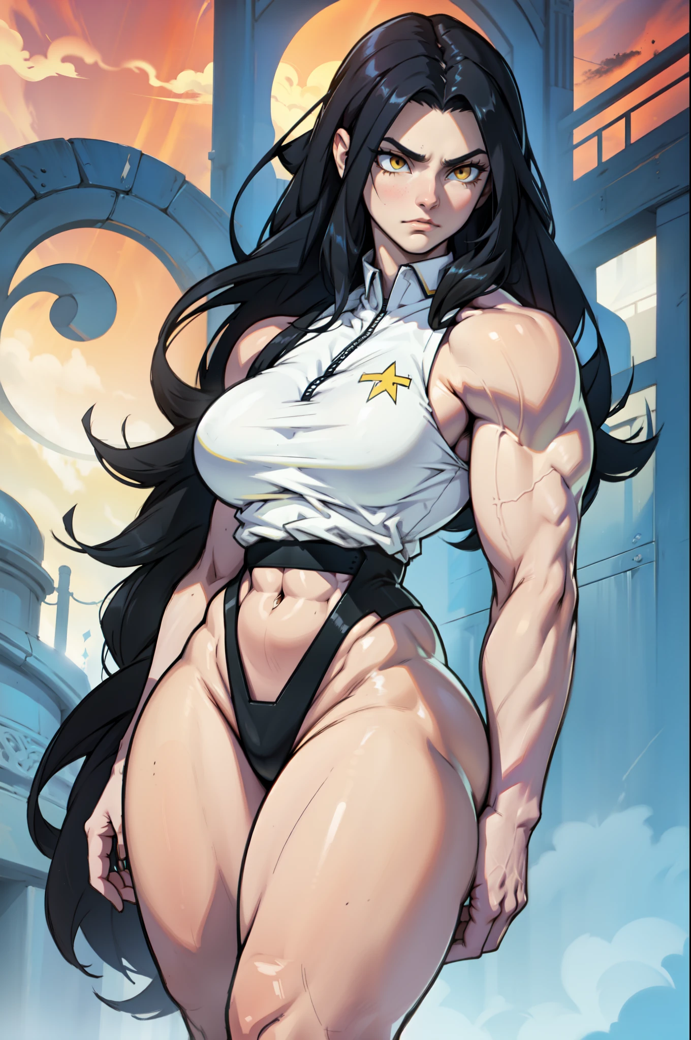 pale skin black hair yellow eyes muscular woman huge ass