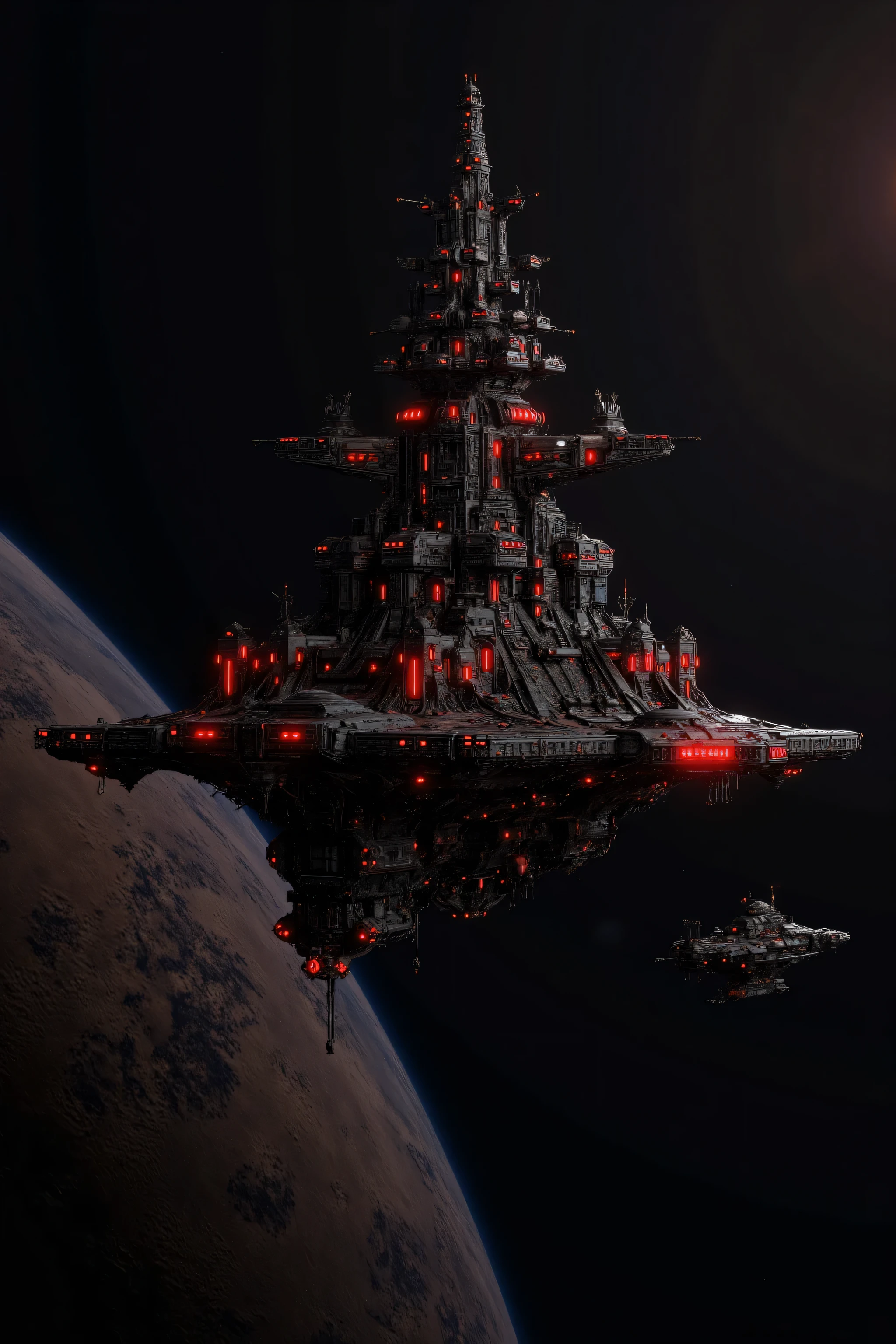 a gothic cathedral style steampunk spaceship battle carrier in outer space, black and red, orbiting a destroyed planet, with a space fighter escort, best quality, very detailed, uhd, hdr, dynamic, gritty