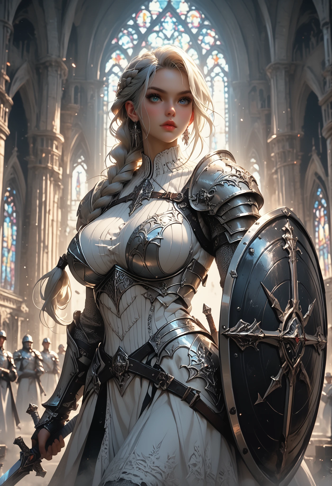 (1girl), beautiful, detailed, white hair, high braid, blue eyes, templar, sword and shield, white armor, huge breasts, abs, stoic pose, gothic cathedral