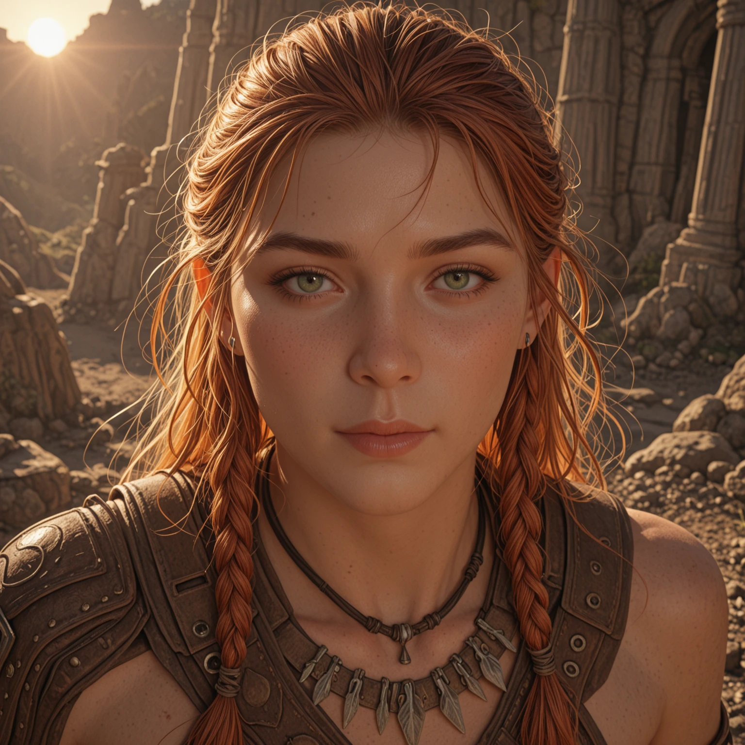(Cinematic photo: 1. 3), Scarlet (Horizon Zero Dawn) car seeker and hunter, ((full-length)), freckles on cheeks and nose, (large breasts), emphasized big butt, cute face, deep realism, realistic hair, detailed skin, depth of field, against Tar Cliff, perfectly symmetrical face, realistic proportions, complex, abstract, directional look, cinematic composition, super detailed, realistic, hyper-realistic, volumetric lighting, high-quality digital painting 8k, on trend for artstation, Style-RustMagic, (beautiful: 1. 4),(attractive: 1.3),beautiful, calendar pose, full body