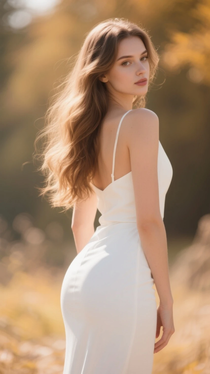 An eerily lifelike, beautiful young woman standing in a serene garden setting. Her porcelain skin and flowing auburn hair seem to glow in the soft, dappled sunlight filtering through the leaves of the surrounding trees. She is dressed in a flowing, white dress that clings to her body, emphasizing her graceful curves, and the fabric shimmers with an ethereal quality as if it were made of spun moonlight. Her piercing blue eyes, which appear to hold the secrets of the universe, gaze off into the distance, hinting at a profound depth of thought or perhaps a touch of melancholy. The garden is meticulously maintained, with vibrant flowers in full bloom creating a kaleidoscope of colors that contrast with the rich greens of the foliage. The scene is so vivid and realistic that it's hard to discern whether she is a real person or a masterfully crafted statue come to life. The play of light and shadow across her form adds to the illusion, making her appear almost translucent in places. Her delicate features and the way she holds herself, poised yet relaxed, speak to an otherworldly beauty that seems too perfect to be human. Despite the serenity of the scene, there is an underlying tension as if she is on the cusp of revealing something profound or making a significant decision that will alter the very fabric of reality. The viewer is left to wonder if she is a figment of imagination, a spirit manifesting in the mortal realm, or simply a young woman lost in thought, with a beauty so captivating it transcends the ordinary.