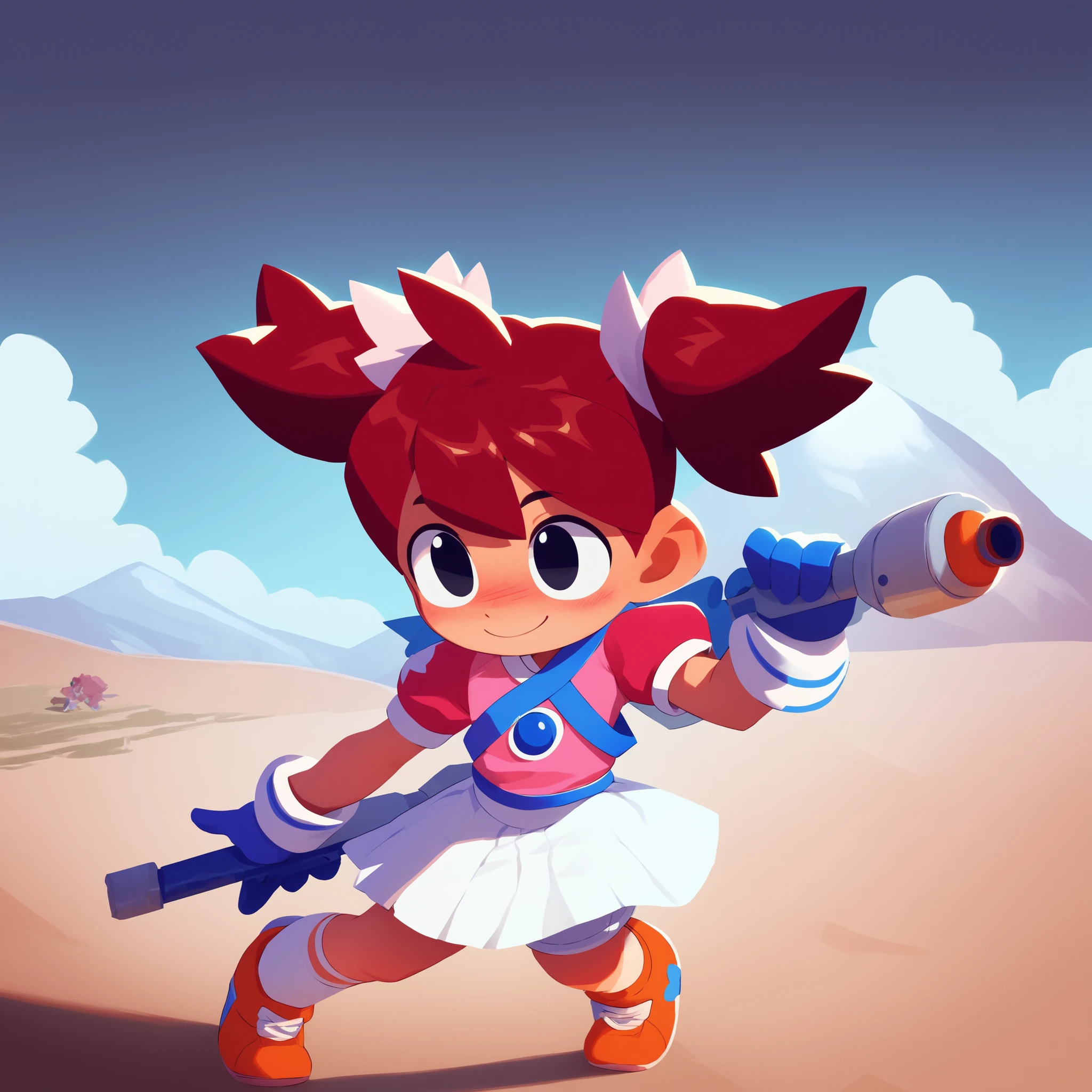 best quality, masterpiece, highres, detailed, digital artwork, SayakaYumi, short twintails, red hair, black eyes, big head, litle body, blue gloves, pink shirt, white skirt, shorts under skirt, ready to battle, blush, white socks with a pink stripe, orange tennis shoes with white laces, smile,  in a mountain, holding laser blade, shining eyes, shininig body 