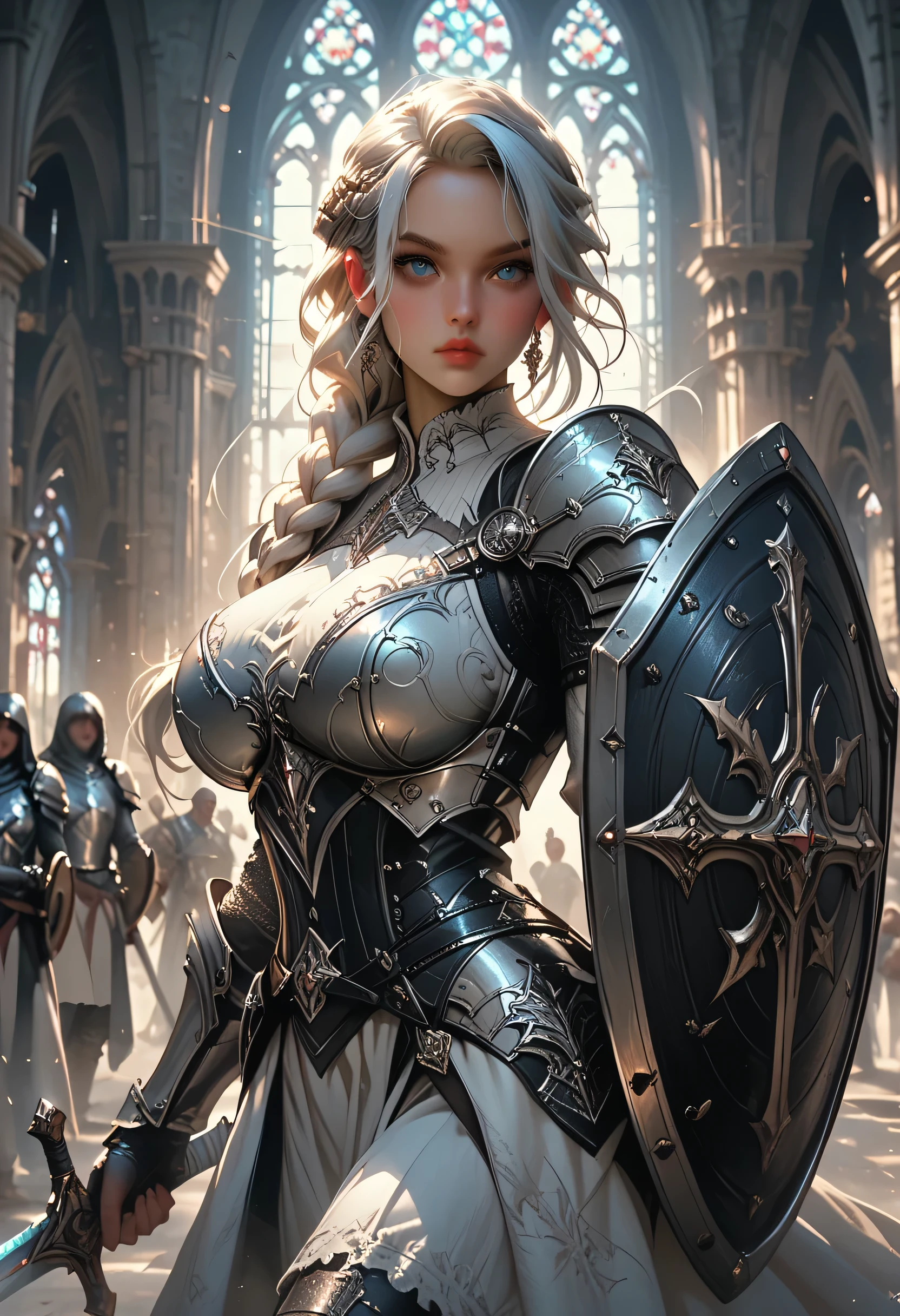 (1girl), beautiful, detailed, white hair, high braid, blue eyes, templar, sword and shield, white armor, huge breasts, stoic pose, gothic cathedral