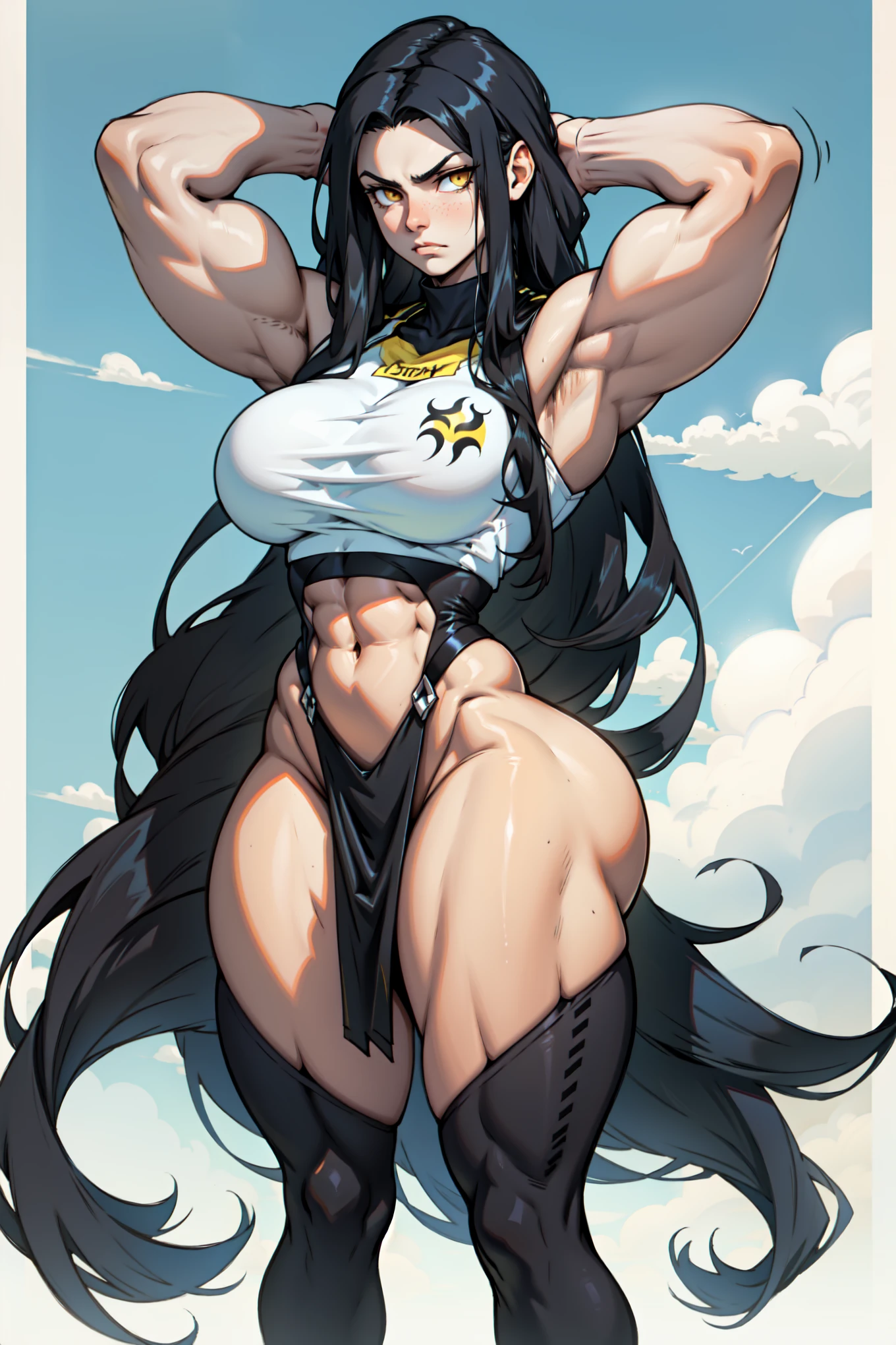 sexy beautiful woman, one woman naked, no bra, no top clothes, no shirts, wearing black panties, breasts exposed, +18, (nsfw), black hair, yellow eyes, cute pose, pose, long hair, black hair, look at viewer, horny face, legs focus, thick legs