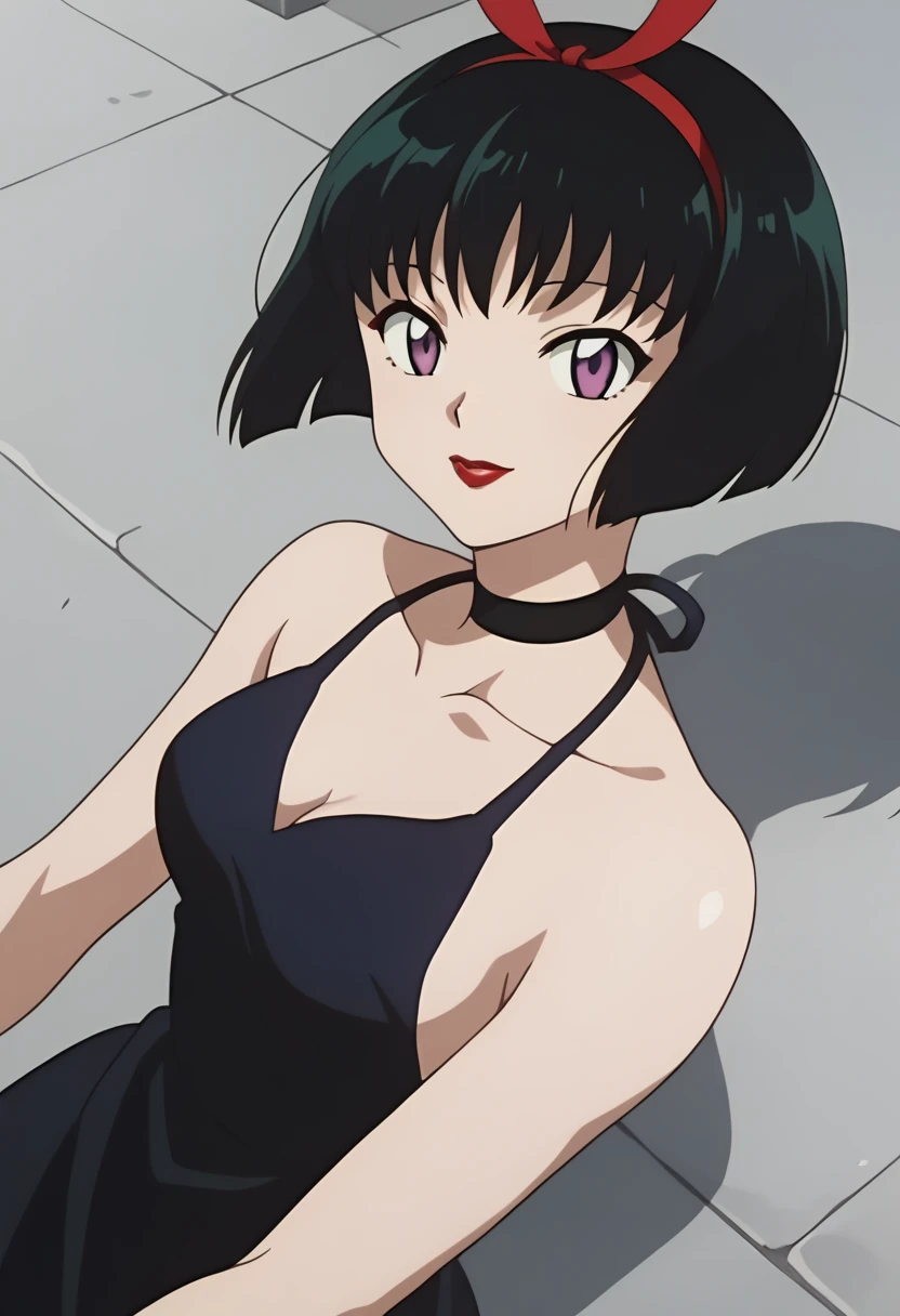 looking at viewer, smile, portrait, redlips,
solo, SakasagaminoYura, 1girl, black hair, red Hairband, bob_cut, purple eyes, makeup,
choker, cleavage, sleeveless black dress, outdoors, cowboy shot, garden with roses and yellow flowers