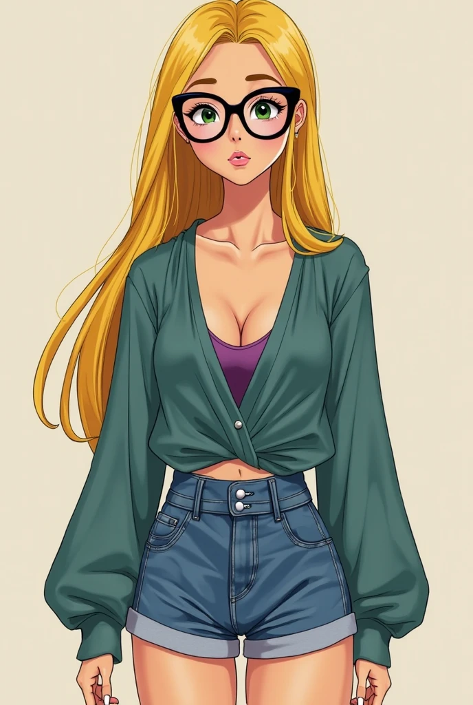 a cute teenage girl beautiful big breast long curly yellow hair mencho in front her blue eye dresses top orange bra underneath long green sweatshirt and blue pants black shoe