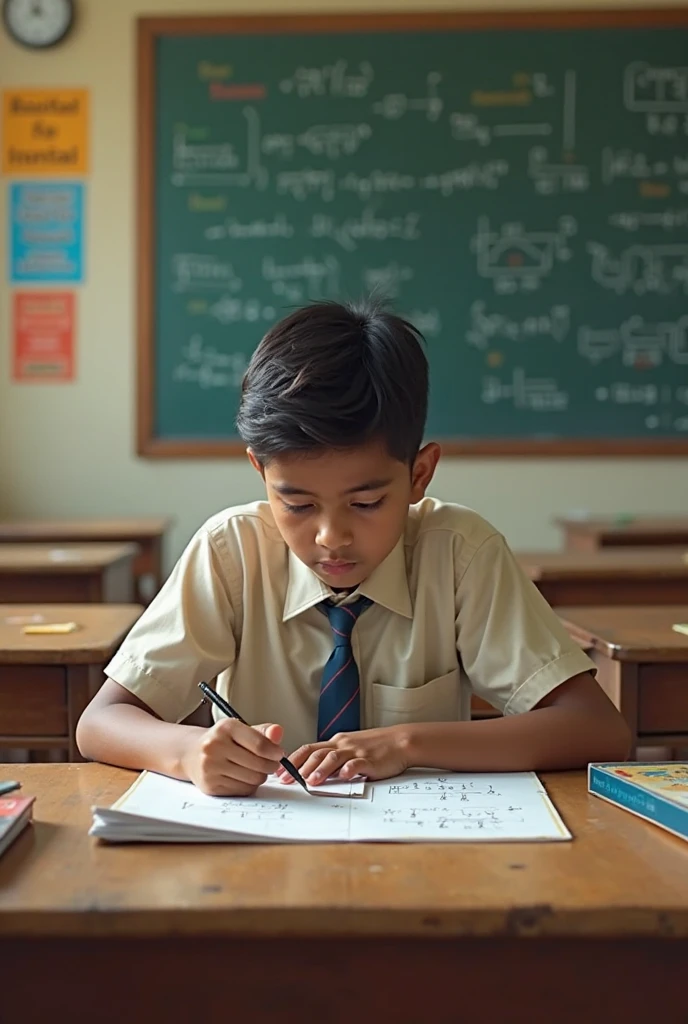 A 13 years aged Indian boy is holding one pen up and he's looking that pen only.