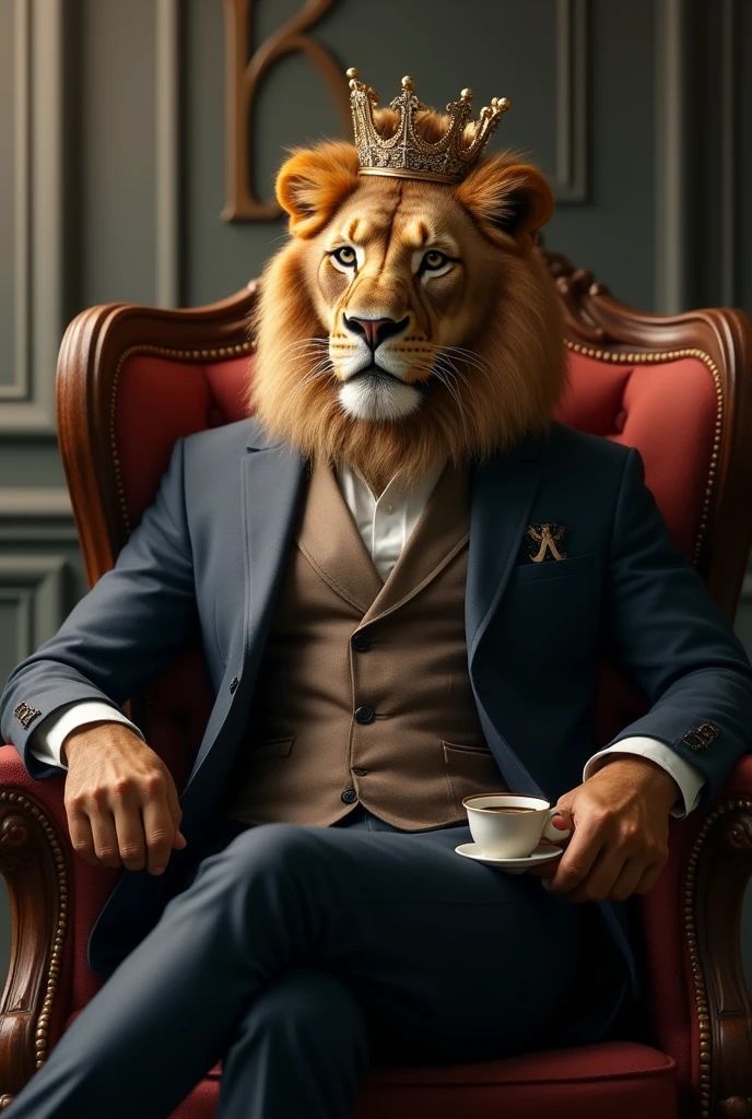 Lion in suit sitting in office,UHD,Masterpiece level,Precision,Clear skin texture,high detal,Best Picture Quality,high qulity,A high resolution。