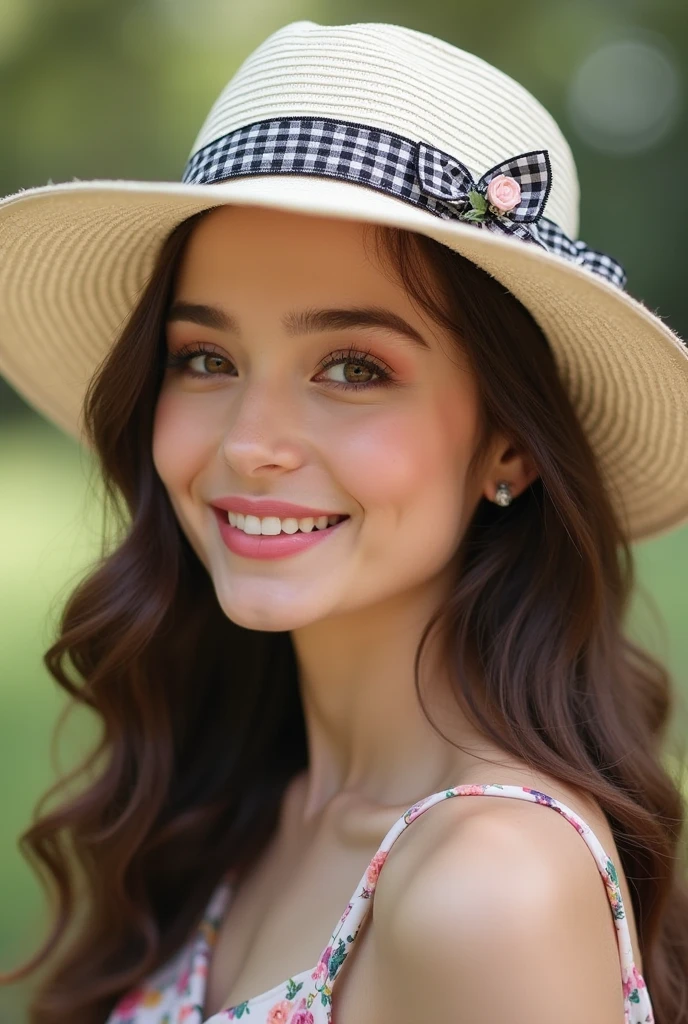young below average woman, calm face, ultra textured skin, brown hair, thick hair, perfect brown eyes, perfect skin, face is looking in camera, perfect smile, flower field in the background, cinematic, white elegant dress, white hat, one hand is holding the hat, dynamic lighting