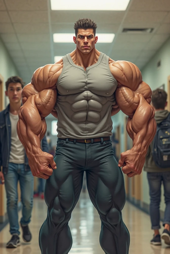 1boy, giant, alone, giant bodybuilder, wet, illuminating light, strong body, bulk, large size, stay in the bookshelf room, indoor, wear white singlet and jean pants, massive bulge, bulge, extraordinary big, brutalmass, giant muscular body, bulk, buff, massive body, large meaty body size, extremely wide body,
