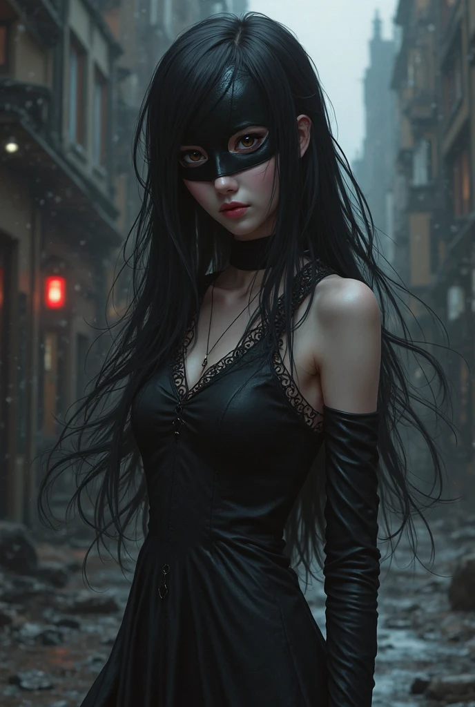 Girl: A solo ager with an eerie gothic vibe, sporting dark hair that cascades down her back, perches nervously on the edge of a dilapidated rooftop. The city skyline looms ominously behind her, the night cloaking the concrete jungle in shadows. Neon lights flicker in the distance, casting an otherworldly glow on her pallid face and adding an uncanny aura to the scene.

High Quality Detail: Her features are delicately rendered, with every stitch in her tattered clothes and each strand of her dark hair visible in the Ultra Detailed image. The textures of her outfit and the brickwork