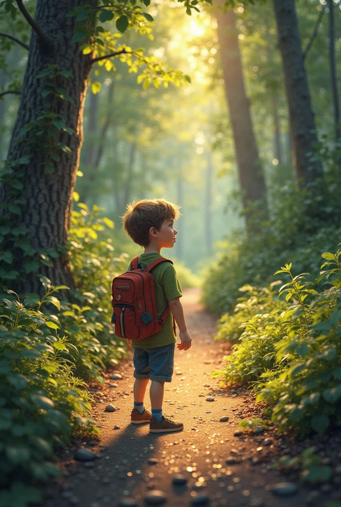 realistic children's book design, 8-year-ooy weng a yellow cotton-made jacket, with brown short hair, walking in a forest, afraid, panic --auto --s2