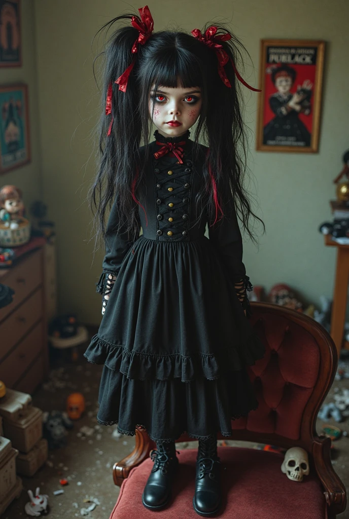 masterpiece, best quality, intricately detailed, a 11 year old daughter of severus snape, green eyes, beautiful, elegant, smile, blood, iridescent long hair, bangs, skirt, shirt, long sleeves, frills, shoes, (red and black:1.4), flower, creepy, horror, skulls, long hair, black hair, candle, blood, hair flower, solo, hair ornament, bone, sitting, doll, skull, skeleton, horror (theme)