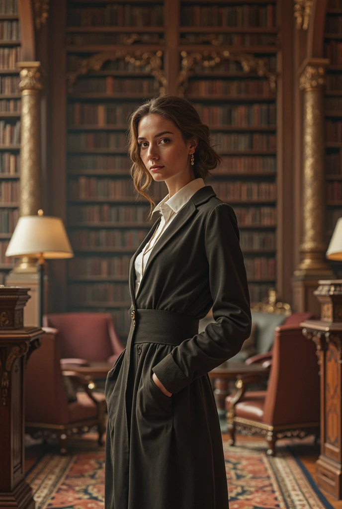 Medium shot of the woman, dressed in an elegant cream pantsuit and emerald green silk blouse, reaches for a book on a high shelf. Her posture is graceful and confident as she moves between the dark wooden shelves of the vintage bookstore. The environment around it is full of shadows and dim lights, creating a mysterious and timeless atmosphere.