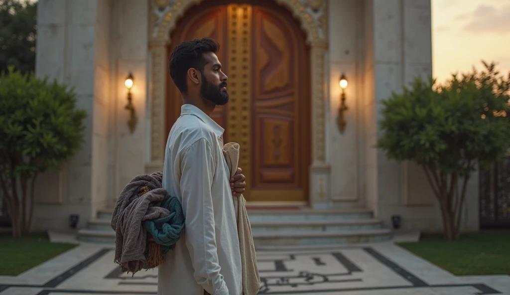 generate me image of young muslim man small beard wearing kurta shalwar going out of muslims grave yard and the cloud dizzling with lights 
