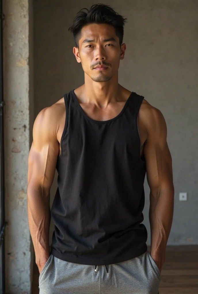 Asia man gymer wearing full vest , big muscle, height 190 cm, big shoulder, big muscle foot, (draww eye detail), (realestic)