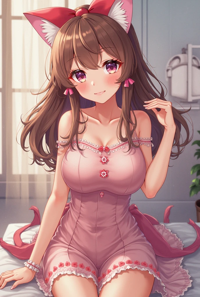 Long Hair, Brown Hair, Shiny Hair, Diagonal bangs, Large Breasts, smile, Pink eyes, smiling, Droopy eyes, ribbon, anime, One person, Princess,pink prom dresses