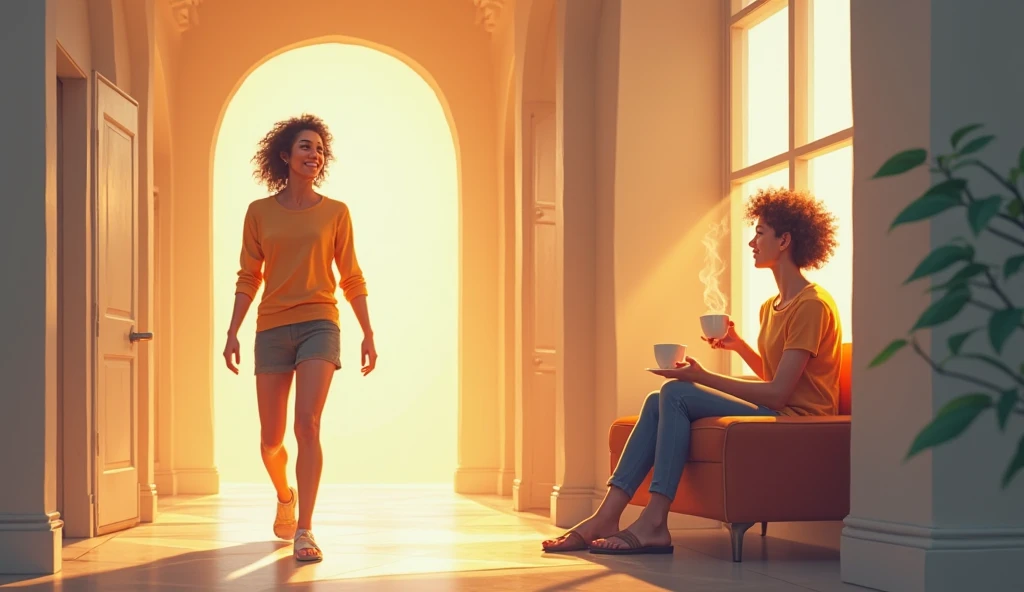 ten years, white, with blond hair, short-hair, hair with beautiful curls, pink shirt, light brown pants, pink sneakers, view from the back, fully body, standing, standing backwards, hands on your head, white background, book illustration style , anime art