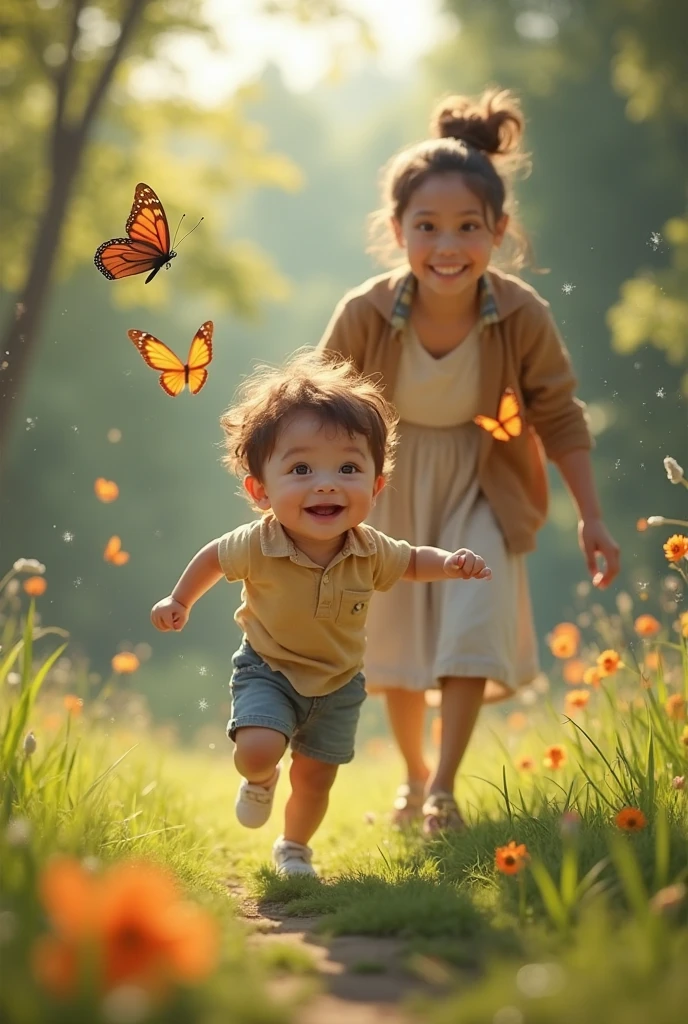 Children playing with beautiful insects in the countryside、