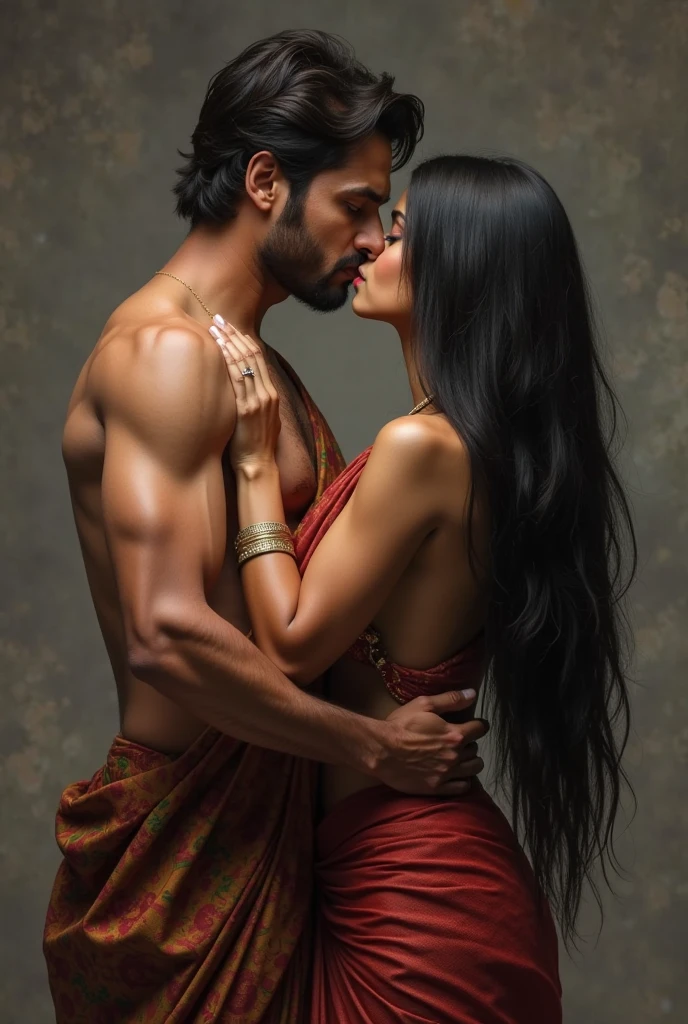 Indian newly wed couple, hot slim curvy white south indian milf with long single plaited hairstyle, big breast, big hip, very big ass, thick thighs, woman wearing transparent saree, looking at camera, man wearing sleeveless vest and shorts, man and woman looking at camera,