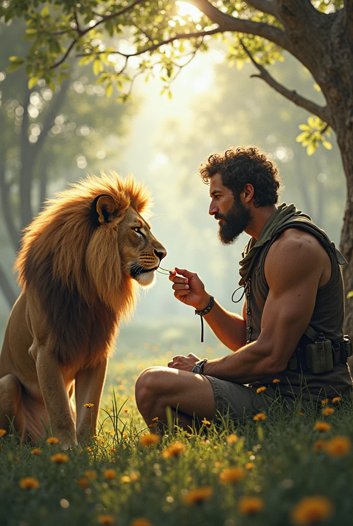 A man under a tree eating pizza with lion