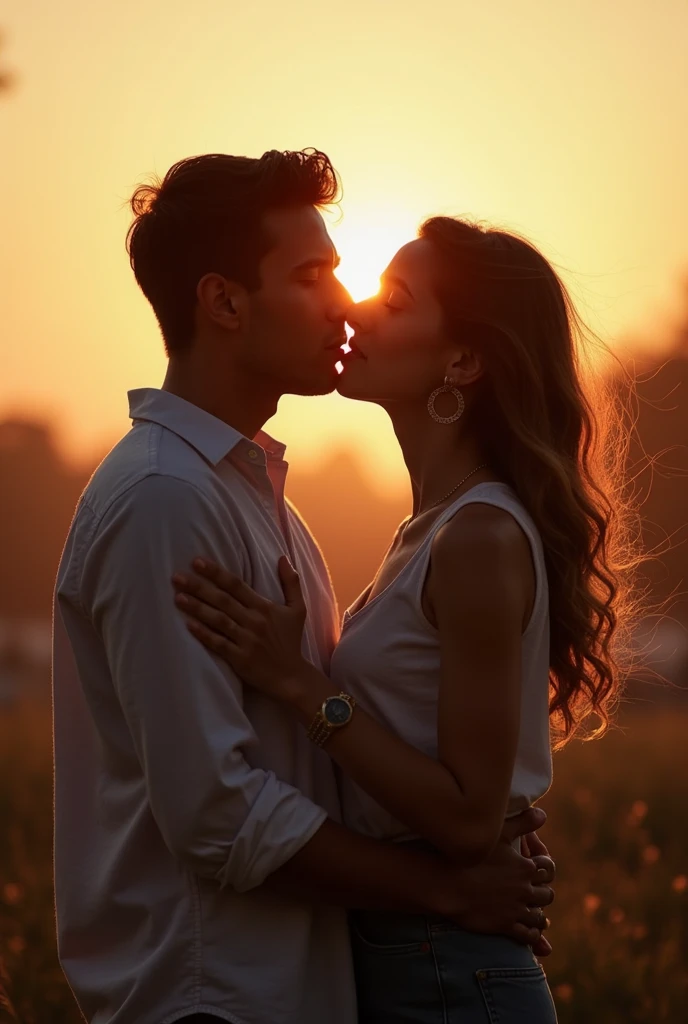 A beautyfull young woman with white skin and big breasts and wearing teen clothes, kissing a handsome young man
