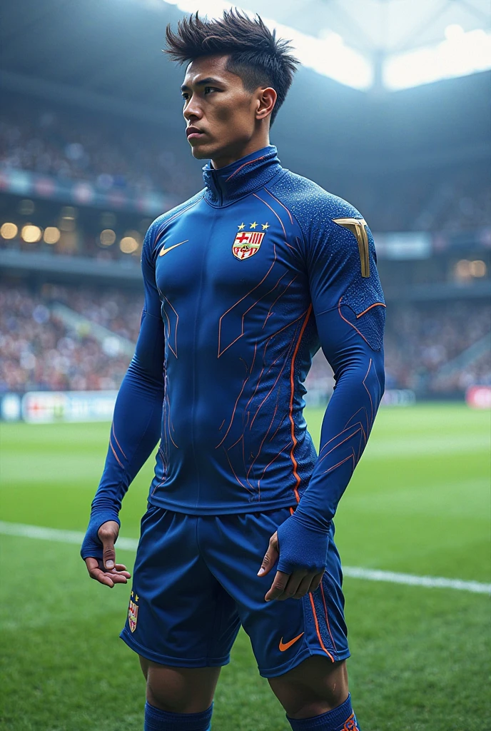 A blue and gold football uniform with the Nike logo and a lion like the one in Holland , e a logo do Corinthians