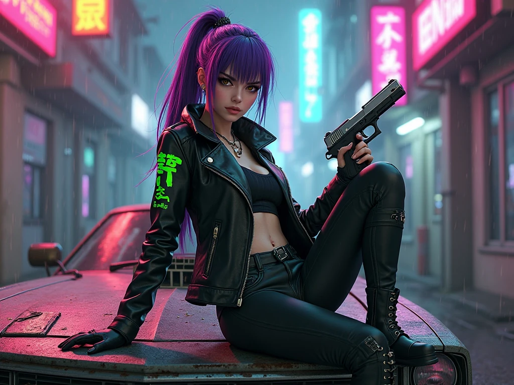 arafed woman in leather outfit with gun and headphones standing in a city street, female cyberpunk anime girl, cyberpunk 2 0 y. o model girl, cyberpunk anime girl, cyberpunk girl, cyberpunk beautiful girl, jet black haired cyberpunk girl, oppai cyberpunk, in cyberpunk style, in cyberpunk city, seductive cyberpunk dark fantasy, cyberpunk judy alvarez, beautiful cyberpunk woman model