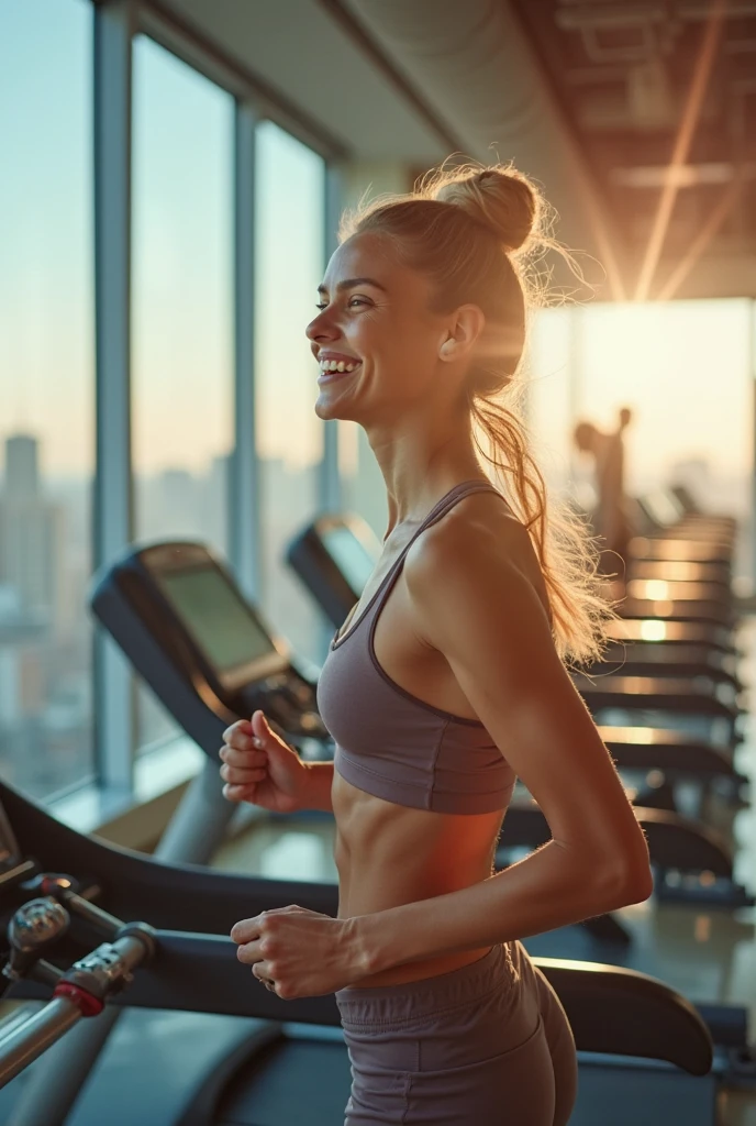 A beautiful young woman with thick white hair and medium-large breasts runs on a treadmill in a modern gym, the lighting highlighting her toned physique. She’s dressed in a fitted, neon-colored crop top and matching leggings. The photo is taken from the side, capturing her as she looks over her shoulder with a playful smile, her hair bouncing with each stride.