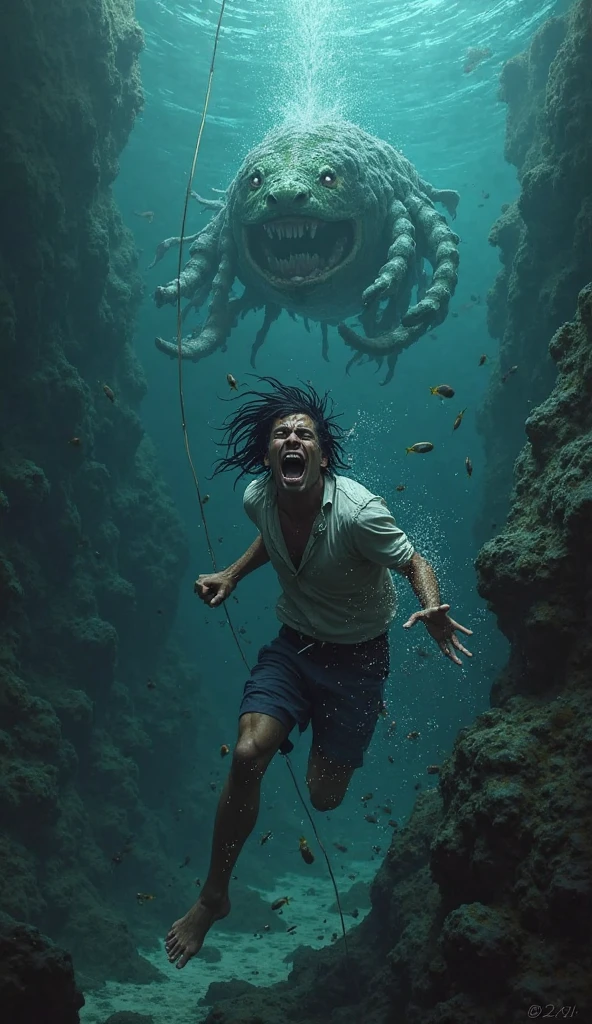 (extremadamente detallado, obra maestra, La mejor calidad), Estilo oscuro, intense illumination, rostro con arrugas, mujer crucificada, tentacle, monstruoso, interior de una piscina de agua verdosa, imagen submarina, alien con Colmillos finos. manchas de tinta. Rococo composition. Luz de caravaggio