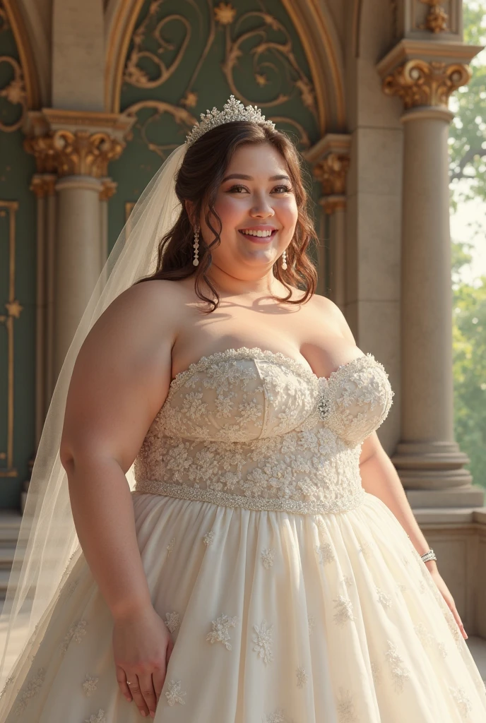 A woman is 200kg obese with a lot of belly fat, like Tess Holliday, she is a former plus size model with a beautiful face, she is wearing a pure white mermaid wedding dress and has a big belly, she is an obese American female sumo wrestler with a very large belly, her belly is bulging and covered with a lot of fat, she has a nice saggy belly and a tattoo around her navel, she is in a fancy wedding venue, 4K quality, low angle