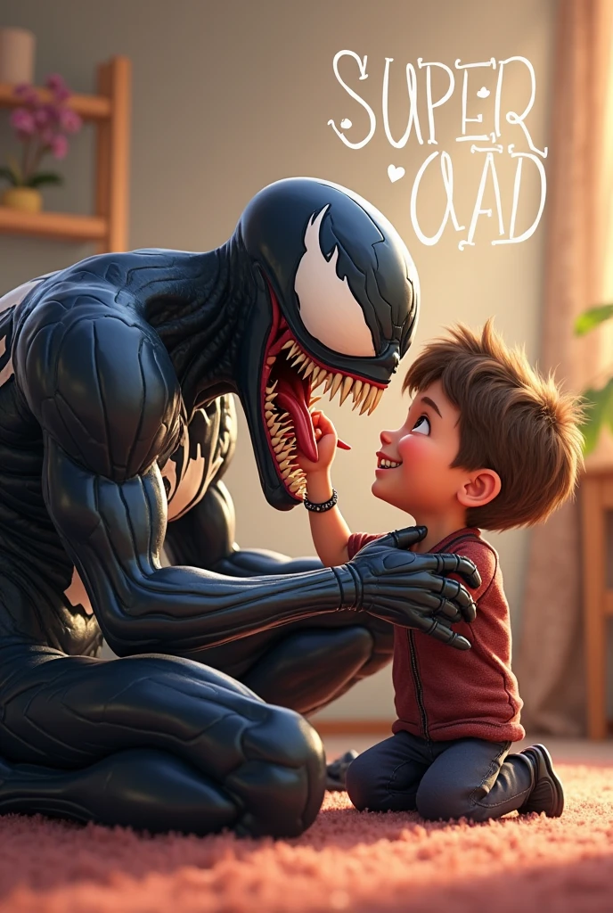 This photo shows a light-hearted and somewhat humorous scene in which Venom, a character known for his menacing appearance, stands with a mother and her child. The mother is smiling warmly, and the child is smiling as he brushes his teeth. Venom, with his big, toothy smile, is leaning in close, holding a toothbrush, adding a fun twist to an otherwise normal family moment. The contrast between Venom's frightening appearance and the everyday activity of brushing teeth creates a quirky and memorable image.