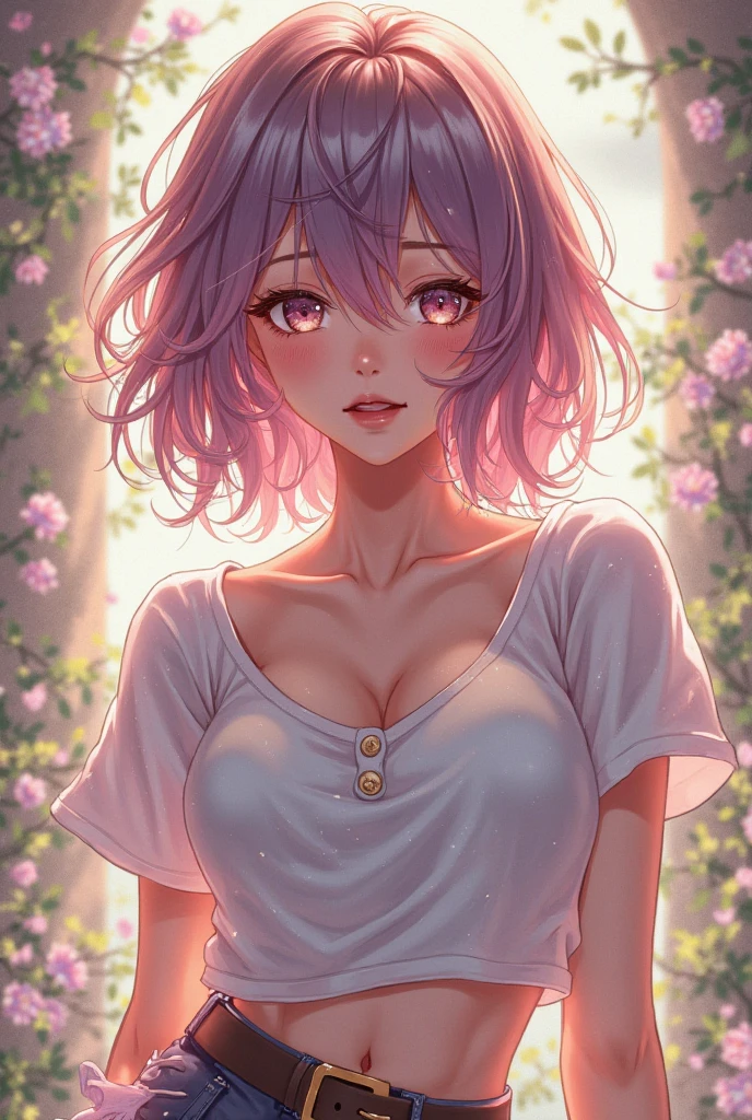 Very detailed, Seductive erotic woman sweating, Breasts covered in rose petals, (Big Breasts, pink/Blue Hair), Focus on the face, Focus on the face, Complex eyes,