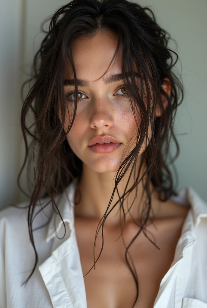 (masterpiece, photorealistic:1.4, extremely complex:1.3, radiation, photon mapping, dtx, 8 K), ((((necklace close up, White T-shirt, wet, [medium breast:Big breasts:0.8])), wet, [Skin detail:freckles:0.7], natural, 19 year old teenage supermodel), a dark room, ((stone shower, glass shower, clean)))
