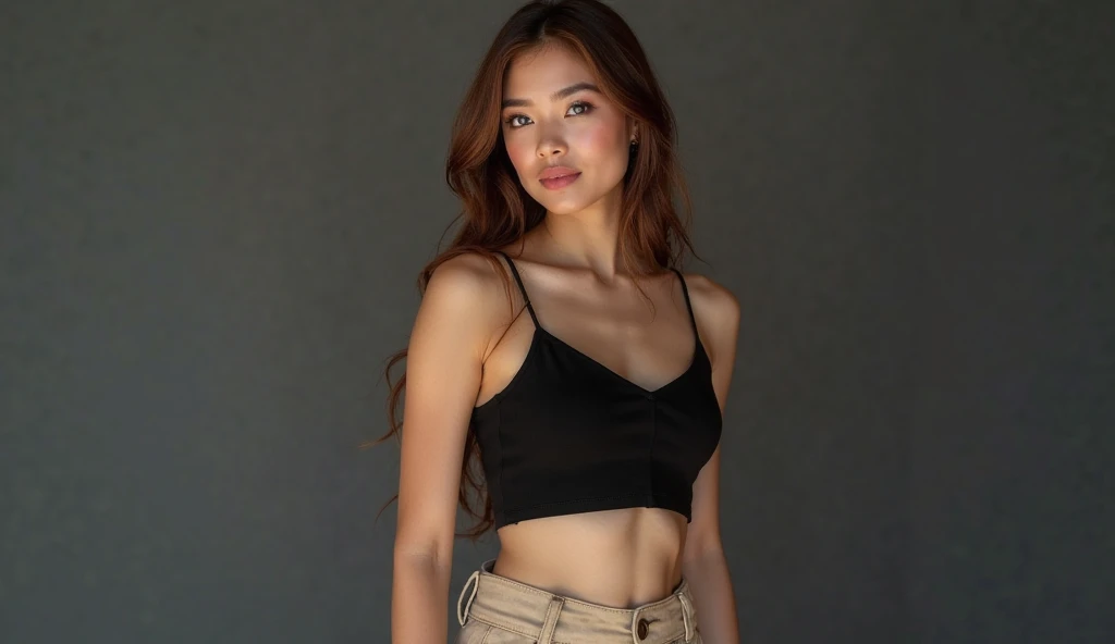 Tall Brazilian woman, 精致的面容, fleshy lips, small, rounded nose, brown eyes with indigenous features, wide hip, medium length curly hair, dark skin tone with reddish undertones.