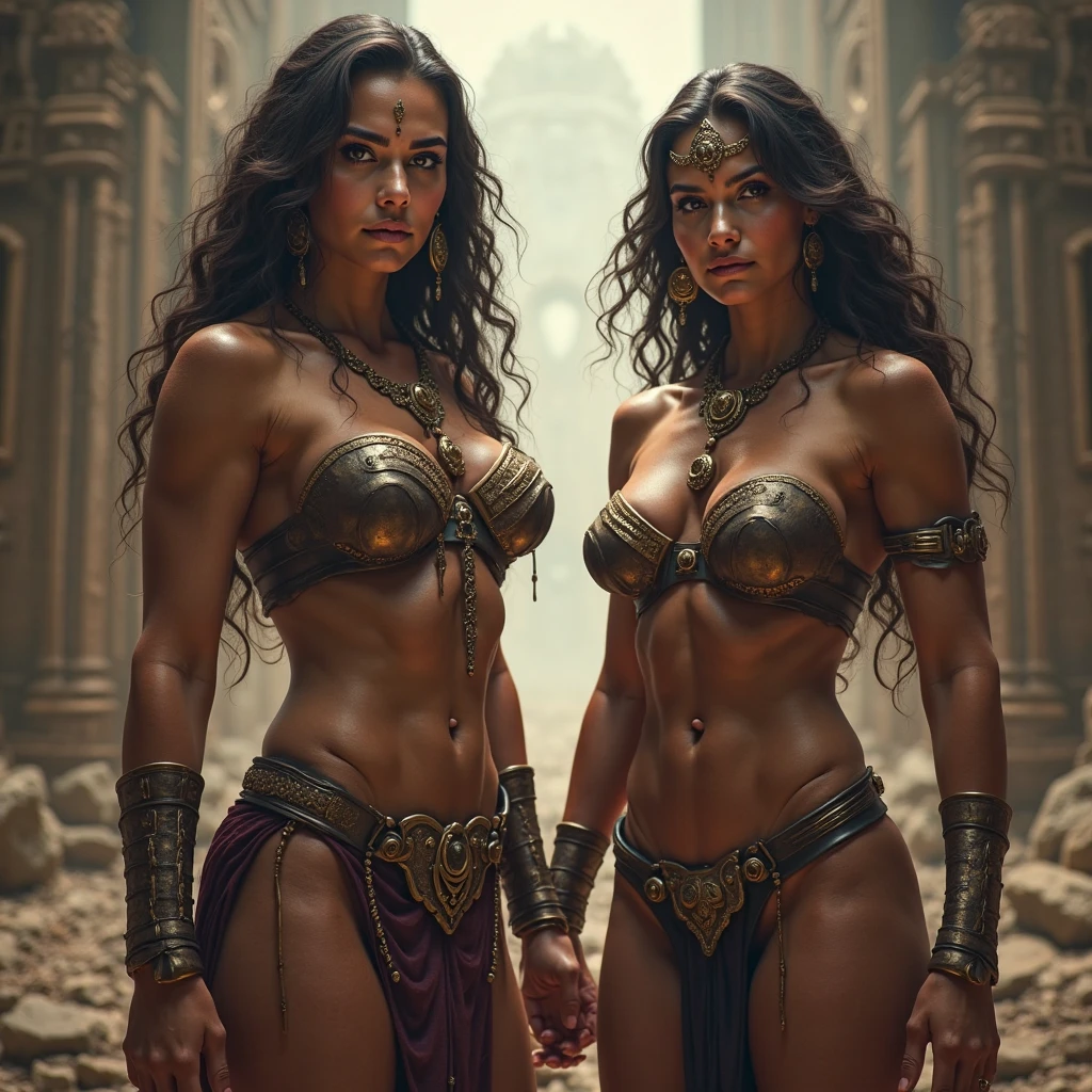 Isabel Merced, mayan princess and friend lara croft, bob_cut hair, muscular full, big breasts:1.3, challenging look, princess clothing