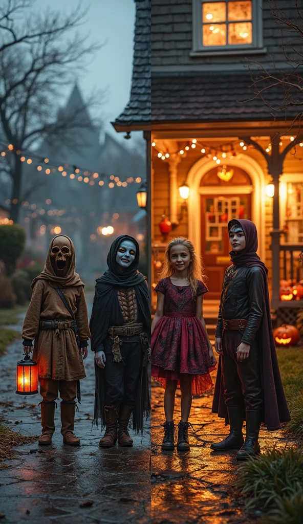 masterpiece, best quality, 8k, sharp focus, (((superrealistic)), high details, raw photo portrait, 1 smiling child in a witch costume with a black hat and red cape, wicked smile, happy, bright, black cowboy, big black smile, colorful portrait, a devilish smile on his face, playful, handsome, smiling, cunning smile, in a cemetery, graves, tombstones, storm (((depth of field))):1.8 The expression lines on his face can be seen clearly. The texture of your face and clothes is exceptionally super detailed.