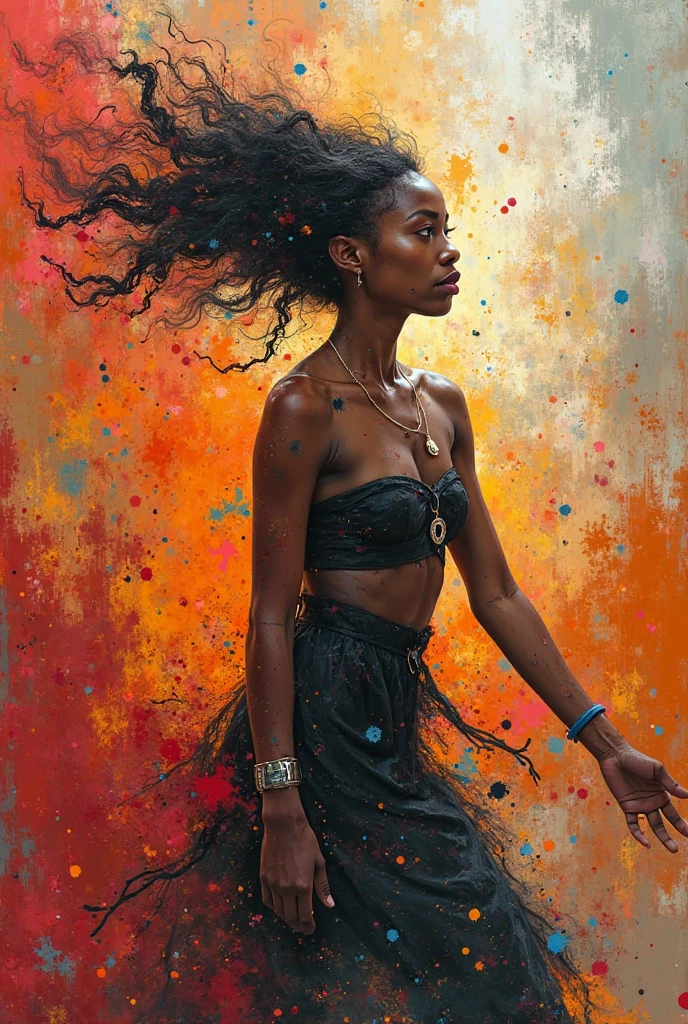 Create colorful Bansky-style art for poetry: IANSÃ commands the winds And the strength of the elements At the tip of your guilder She's a beautiful girl When the sky falls Always the beginning and the end black skin White background