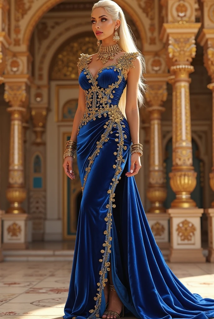 Alafed woman in blue dress posing in gold and blue room, luxury dress, royal dress, Royal Gown, Glamorous royal gown, fantasy long intricate gown, sexy gown, stunning elegant, extravagant dress, gold brocaded dark blue clothes, blue silk dress, elegant dark blue dress, Golden blue costume, Elegant evening dresses!, dressed beautiful gown