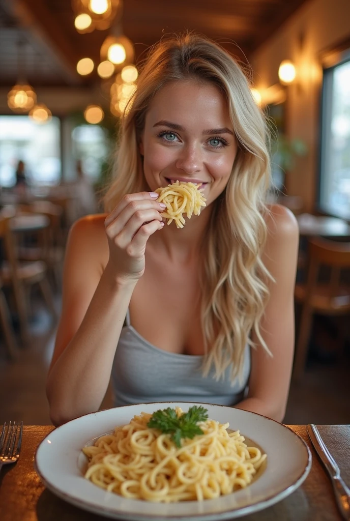 beautiful woman, blonde girl with short wavy hair and medium breasts sitting facing forward in a tank top on the terrace of a restaurant in summer, she is trying a plate of salad, enjoying a warm and fun atmosphere on a summer morning with bright light, she smiles while tasting the food and we can see her cleavage openly while she leans over the plate. Hyper realistic, NSFW