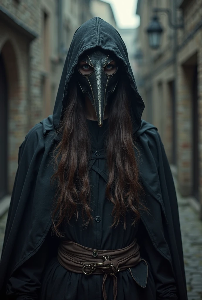 "(best quality,highres,realistic:1.37),detailed depiction of a black plague doctor in the form of a demonic woman,Fine art derived from medieval illustrations,ominous atmosphere,creepy vibe,dark and moody lighting,hauntingly beautiful,wisps of smoke,sharp focus,intense gaze,piercing eyes,sinister smile,mysterious and eerie,cloaked figure,pointy beak mask,feathered hat,tattered robe,clawed hands,ornate and intricate details,creepy and distorted facial features,dark and desolate background,ominous shadows,sepia-toned color palette,exquisite horror photography"