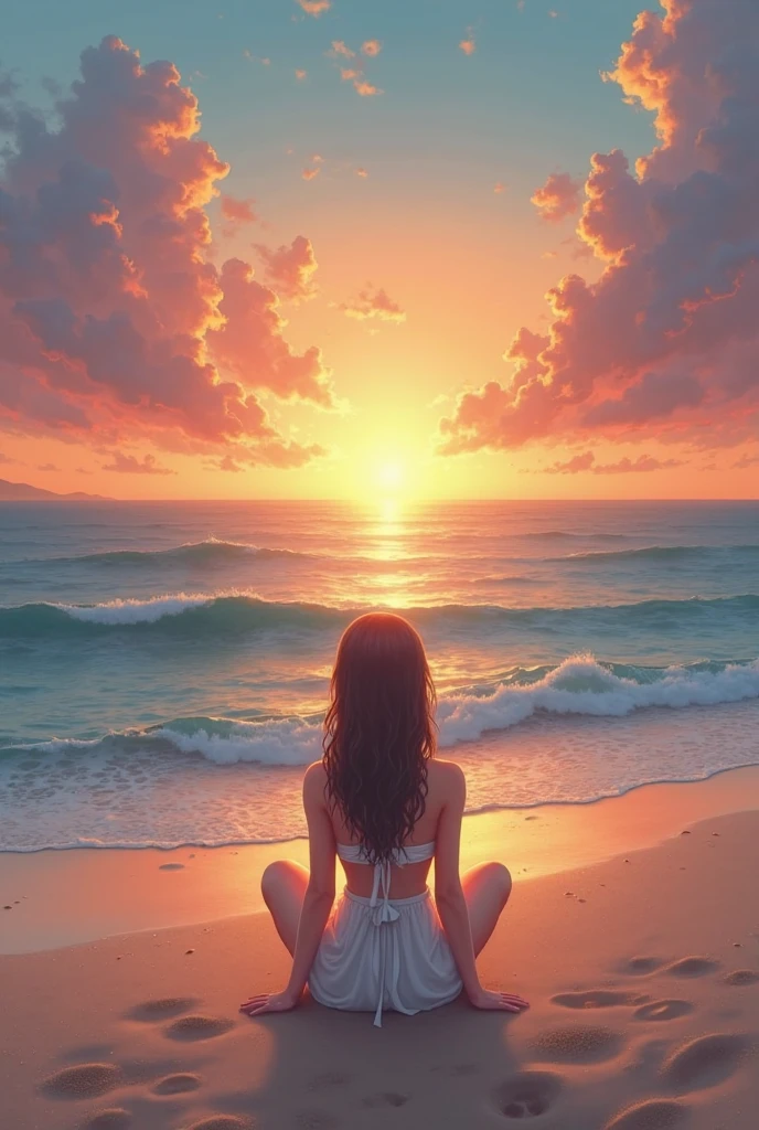 Blonde girl sitting on the beach,Rippling seas,You can see the sunset,Ghibli-style anime scene